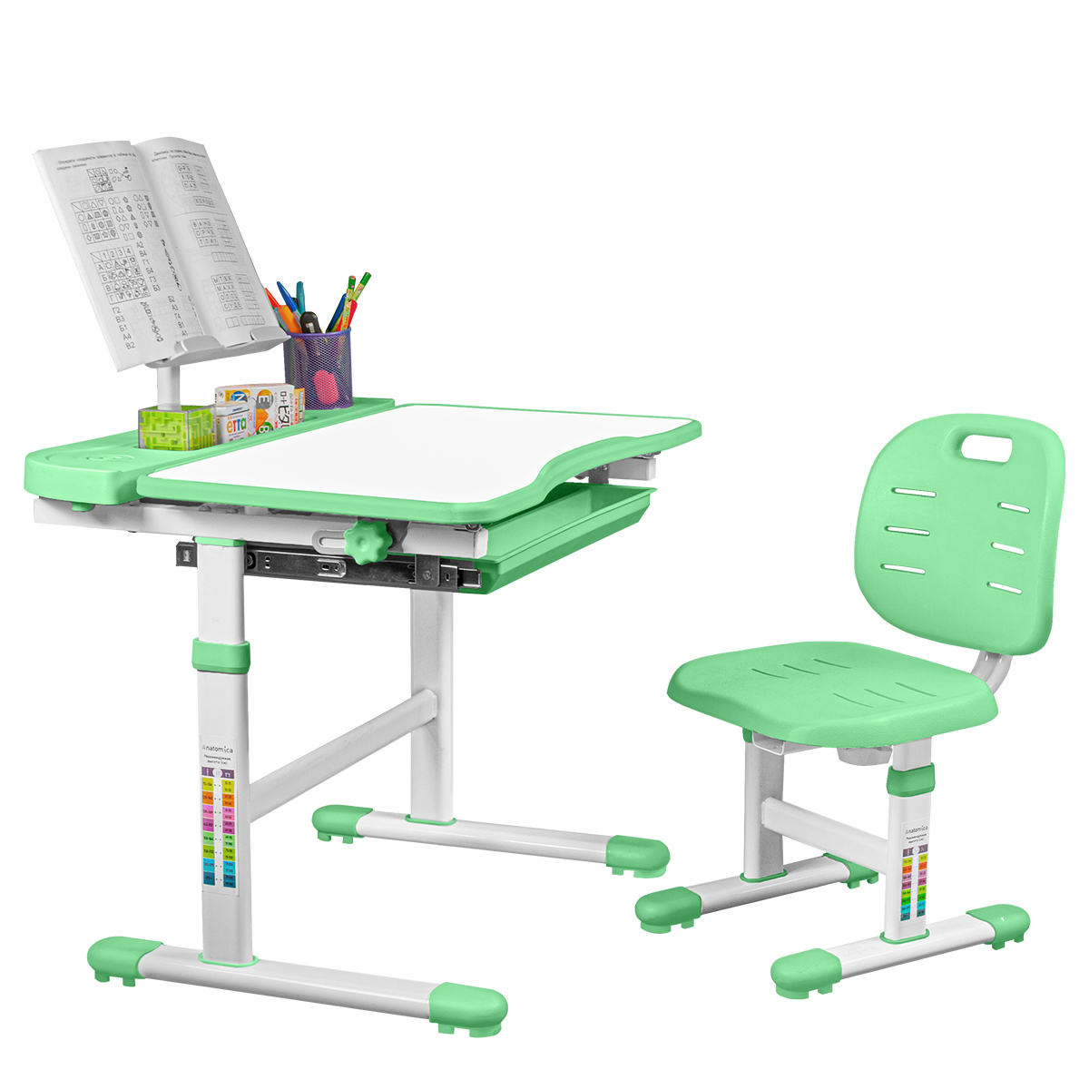 Комплект Anatomica Ara парта + стул + подставка для книг + выдвижной органайзер белый/зеленый Комплект Anatomica Ara парта + стул + подставка для книг + выдвижной органайзер белый/зеленый