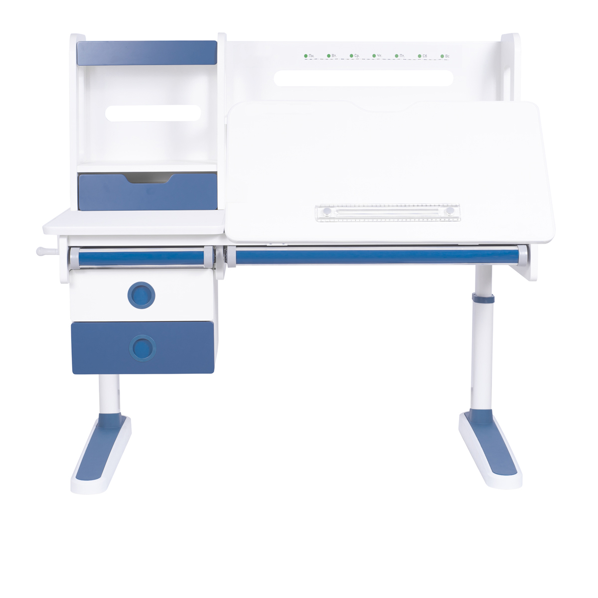 Комплект Kinderzen Antinori Pro парта + кресло + надстройка + подвесная тумба + органайзер + подставка для книг белый/голубой с голубым креслом Ergoback