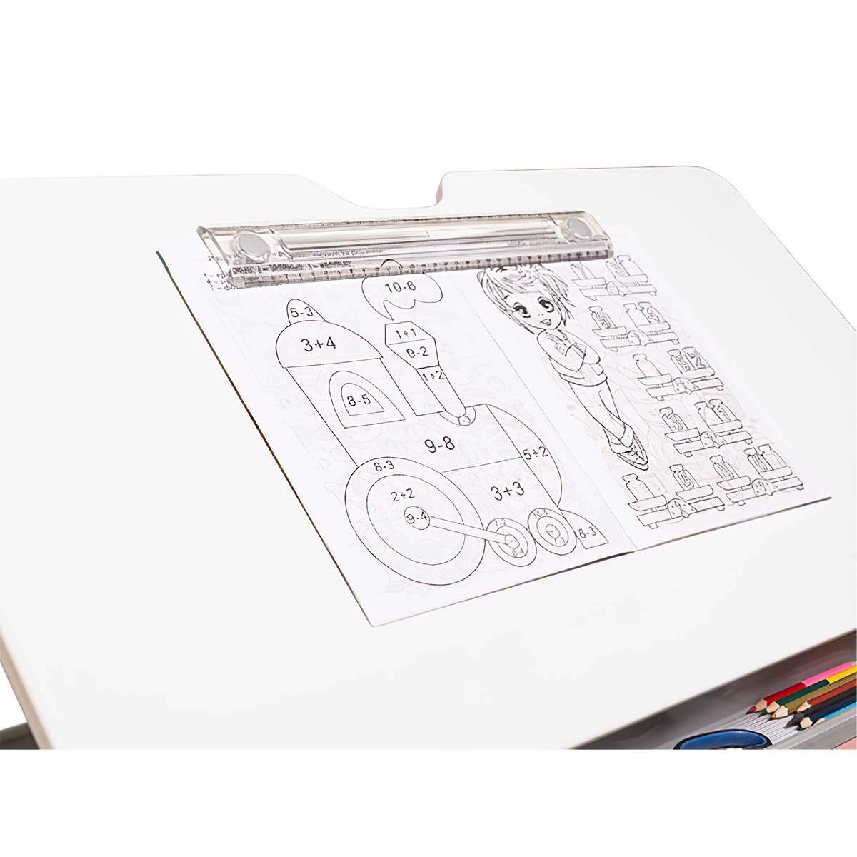 Комплект Kinderzen Antinori Pro парта + кресло + надстройка + подвесная тумба + органайзер + подставка для книг белый/голубой с голубым креслом Ergoback