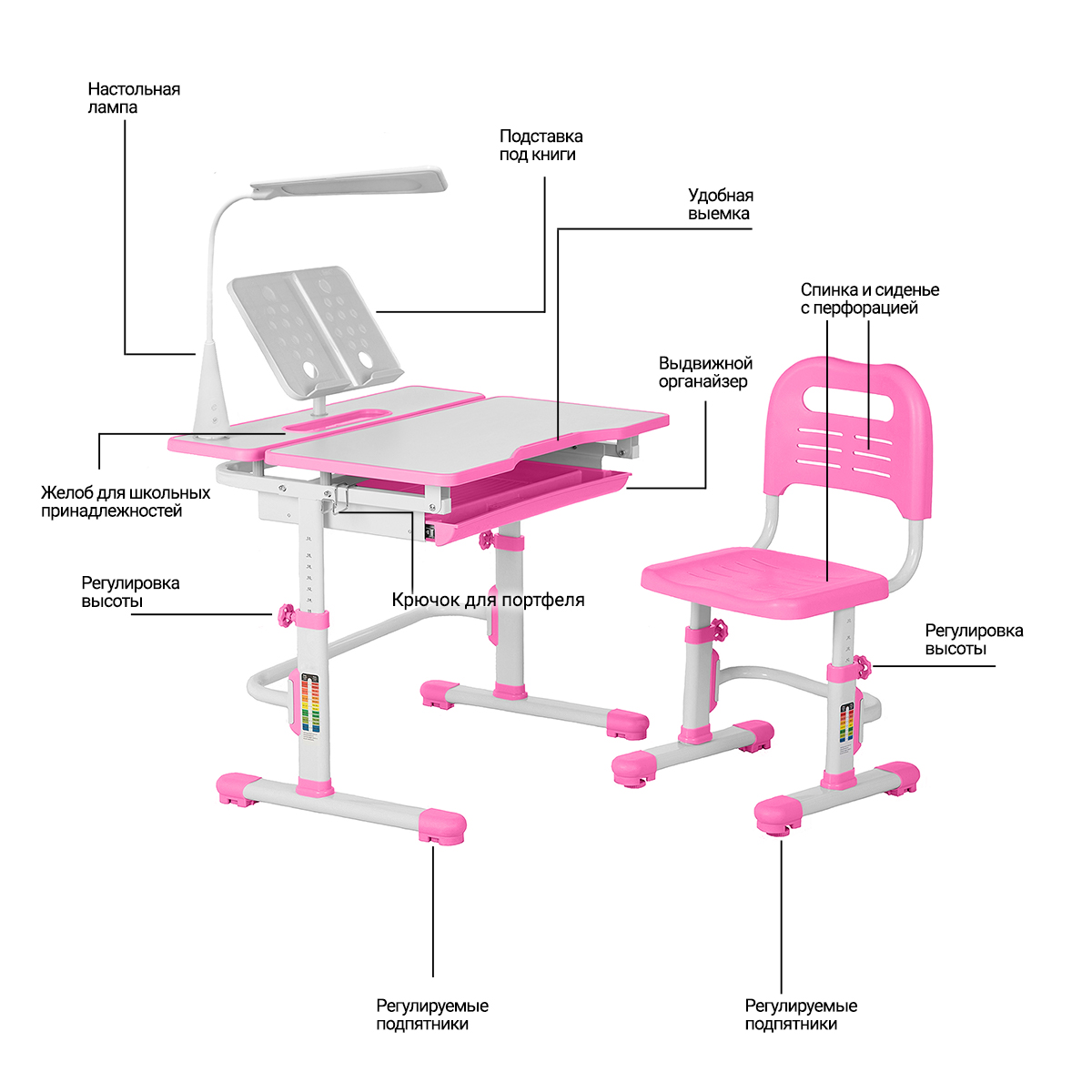 Комплект Anatomica Amata парта + стул + выдвижной ящик + подставка + светильник белый/розовый