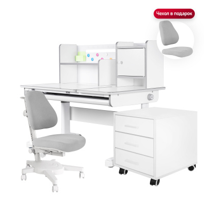 Комплект Anatomica Premium Granda Plus парта + кресло + тумба + надстройка + органайзер белый/серый с серым креслом Armata