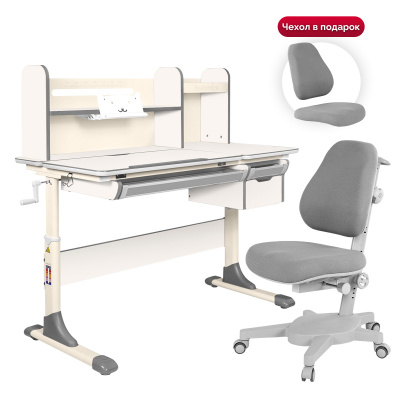 Комплект Anatomica Genius парта + кресло + надстройка + выдвижной ящик + подставка для книг белый/серый с серым креслом Armata