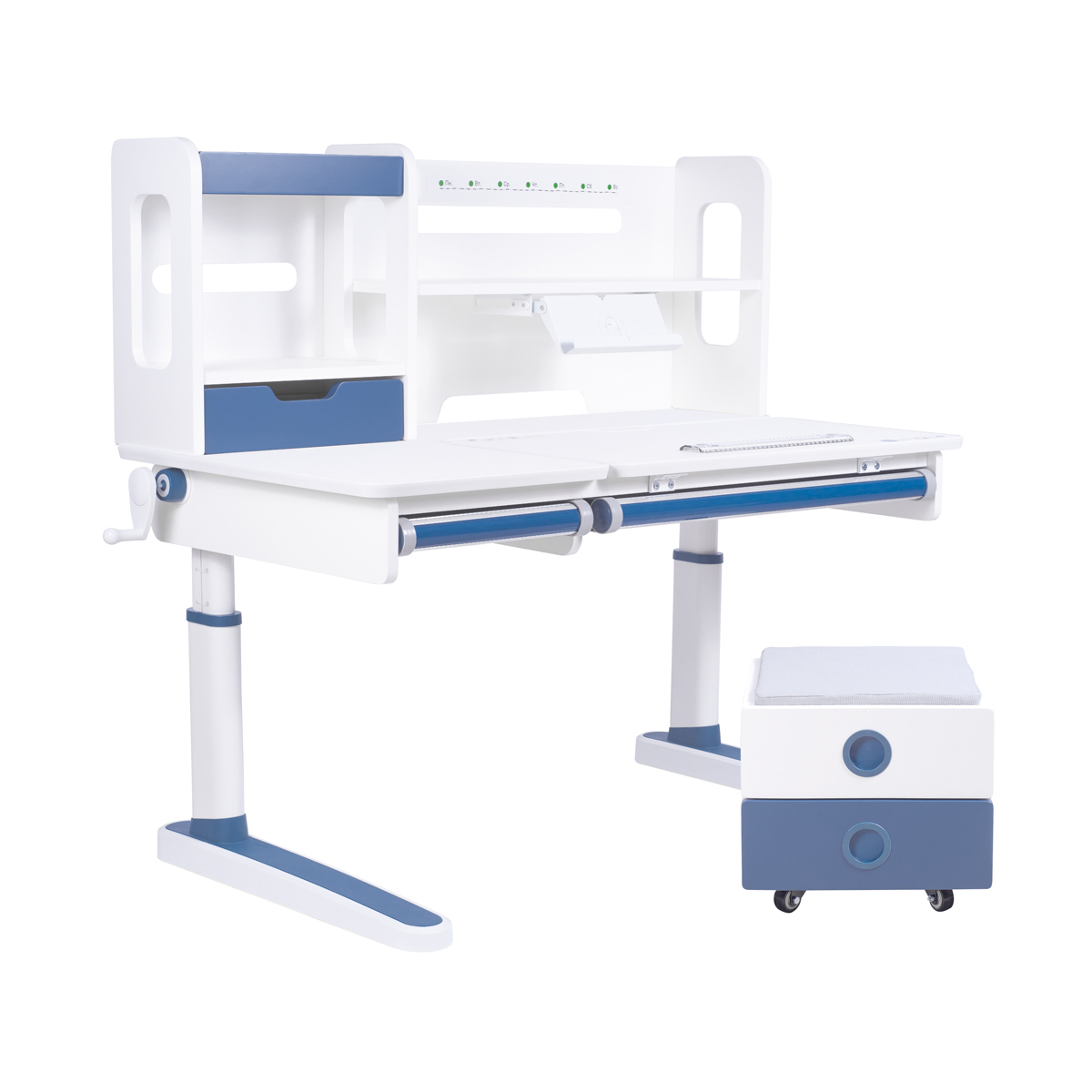 Комплект Kinderzen Antinori Pro парта + кресло + надстройка + подвесная тумба + органайзер + подставка для книг белый/голубой с голубым креслом Ergoback