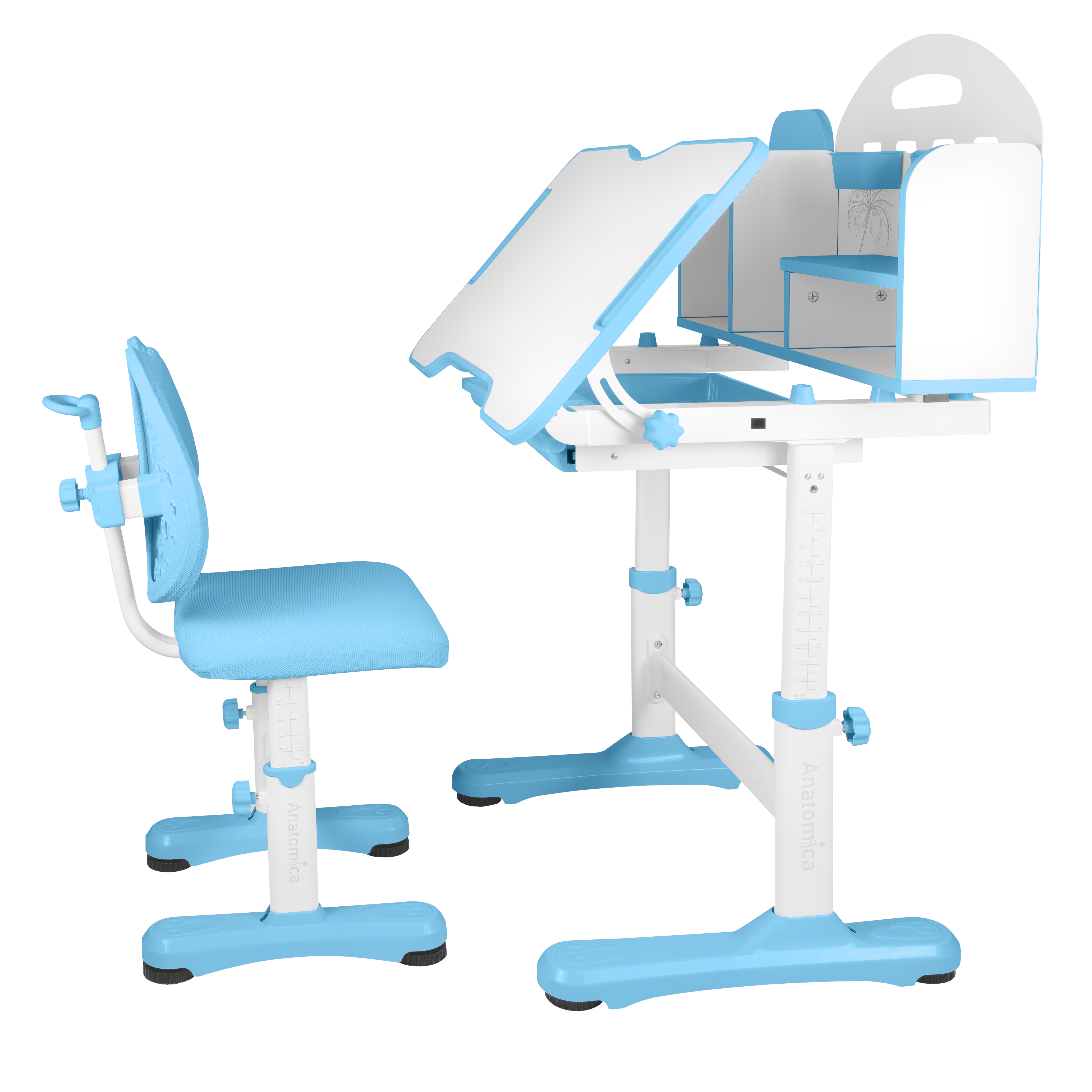 Комплект Anatomica Fiona парта + стул + надстройка + выдвижной ящик белый/голубой