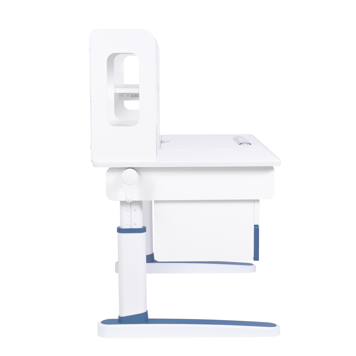 Комплект Kinderzen Antinori Pro парта + кресло + надстройка + подвесная тумба + органайзер + подставка для книг белый/голубой с голубым креслом Ergoback