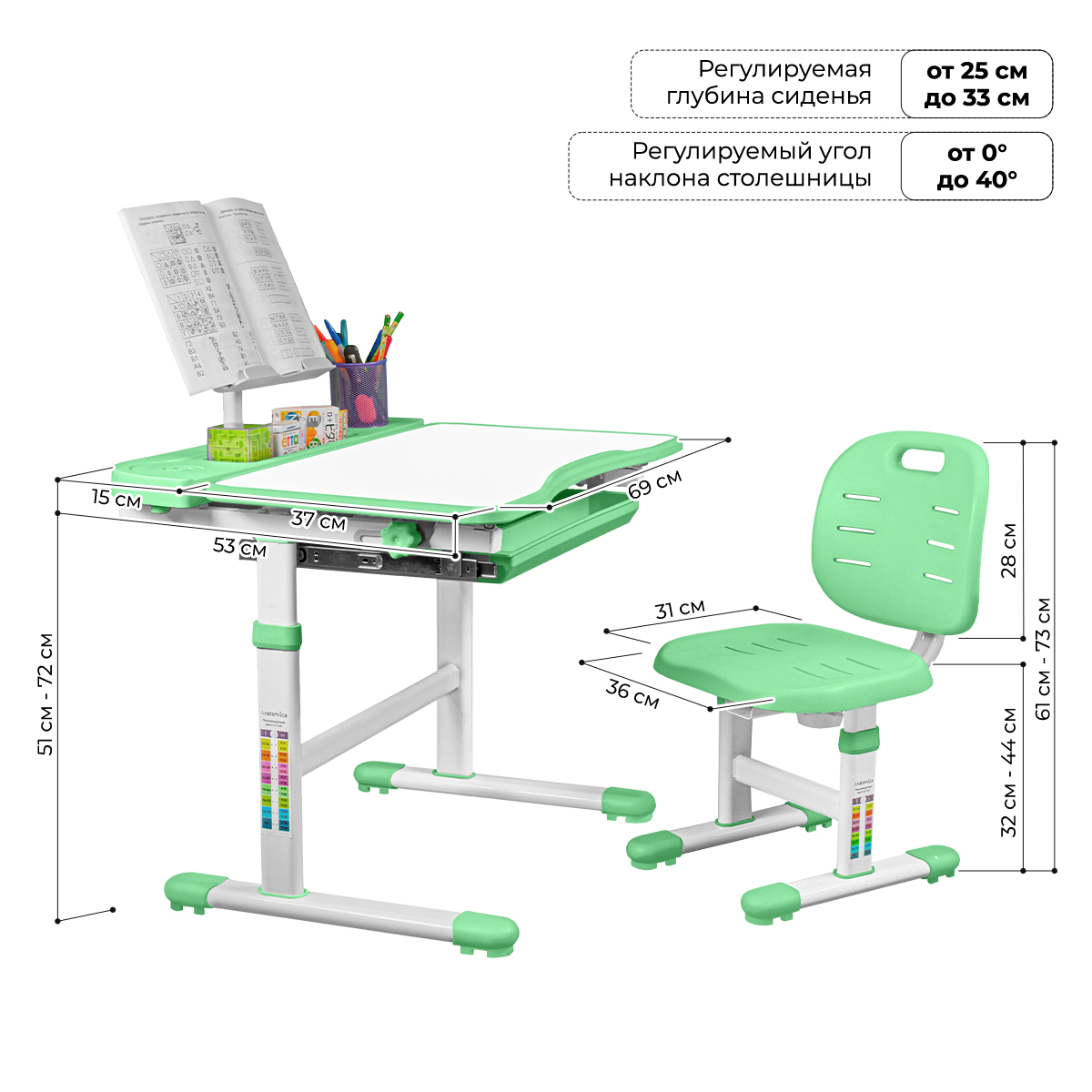 Комплект Anatomica Ara парта + стул + подставка для книг + выдвижной органайзер белый/зеленый Комплект Anatomica Ara парта + стул + подставка для книг + выдвижной органайзер белый/зеленый