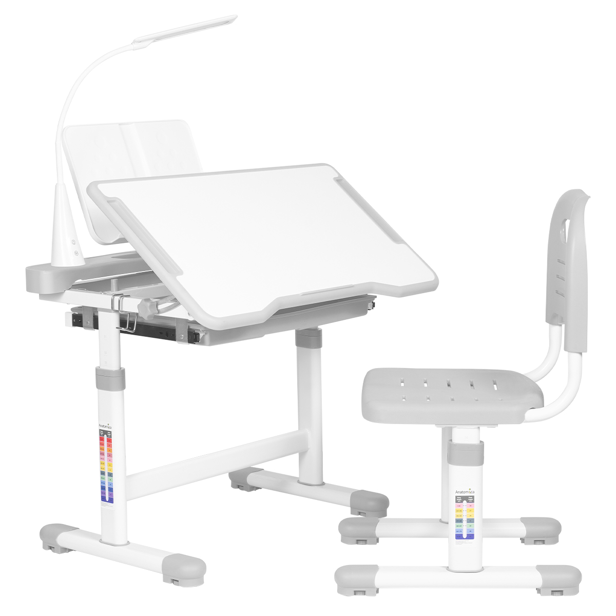 Комплект Anatomica Vitera парта + стул + выдвижной ящик + подставка + светильник белый/серый Комплект Anatomica Vitera парта + стул + выдвижной ящик + подставка + светильник белый/серый