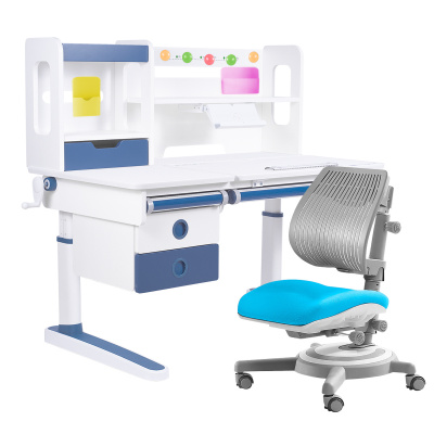 Комплект Kinderzen Antinori Pro парта + кресло + надстройка + подвесная тумба + органайзер + подставка для книг белый/голубой с голубым креслом Ergoback
