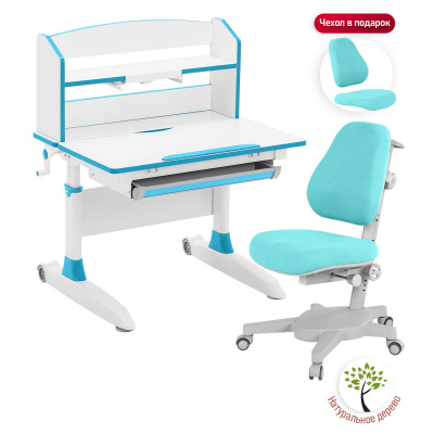 Комплект Anatomica Vanga парта + кресло + надстройка + подставка для книг белый/голубой с голубым креслом Armata