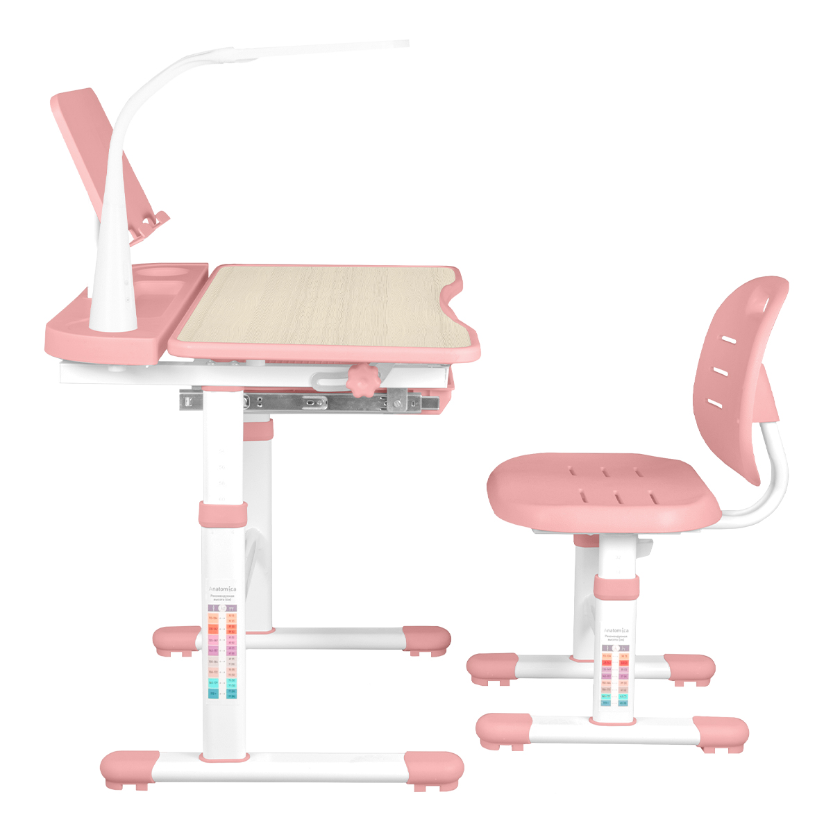 Комплект Anatomica Ara парта + стул + светильник + подставка для книг + выдвижной органайзер клен/розовый