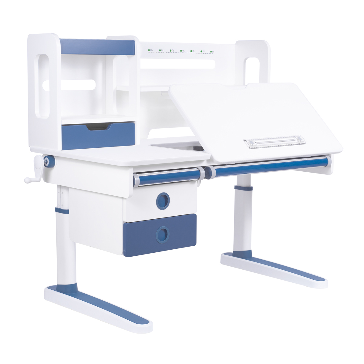 Комплект Kinderzen Antinori Pro парта + кресло + надстройка + подвесная тумба + органайзер + подставка для книг белый/голубой с голубым креслом Ergoback