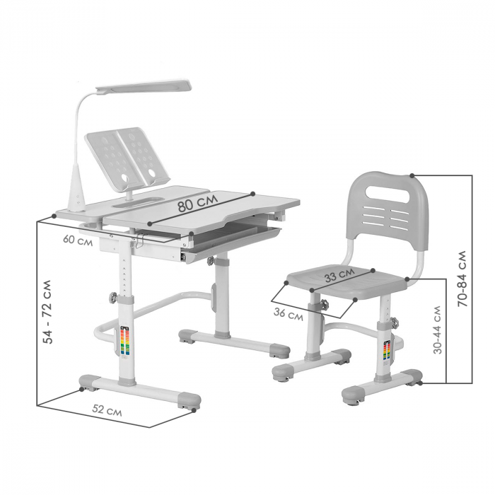 Характеристики Комплект Anatomica Amata парта + стул + выдвижной ящик + подставка + светильник
